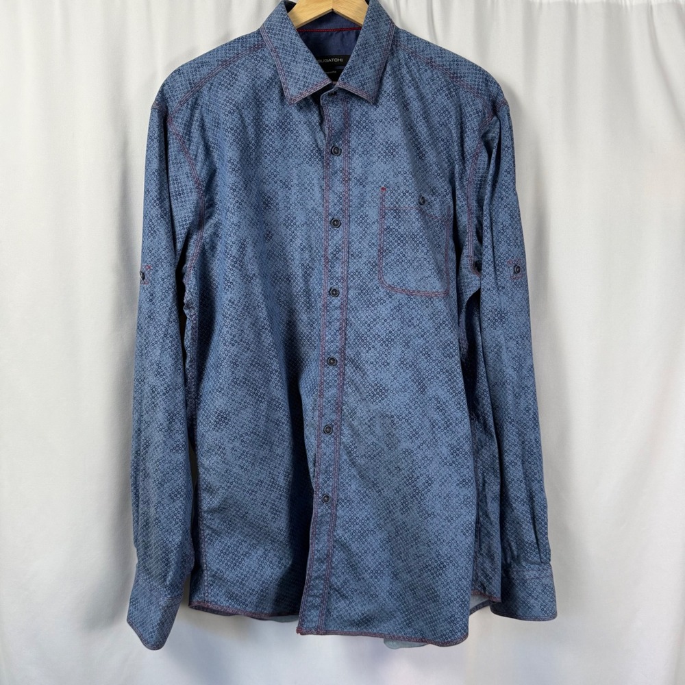 BUGATCHI Shaped Fit‎ Flip Cuff Roll Tab Sleeve Blue Geometric Shirt Mens Large